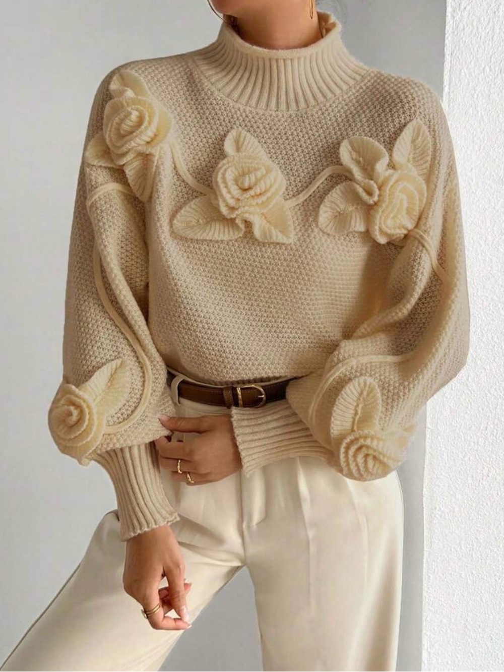 Cream Floral Knit Sweater